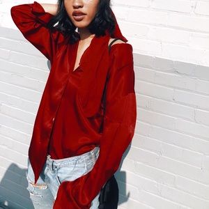 Red satin button down